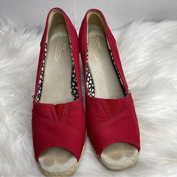 Toms Calypso Red Canvas Peep Toe Wedge Espadrille 10 - Picture 2 of 8